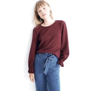 Madewell Texture & Thread Dusty Burgundy Eyelet Mix Ruffle-Sleeve Top Size M
